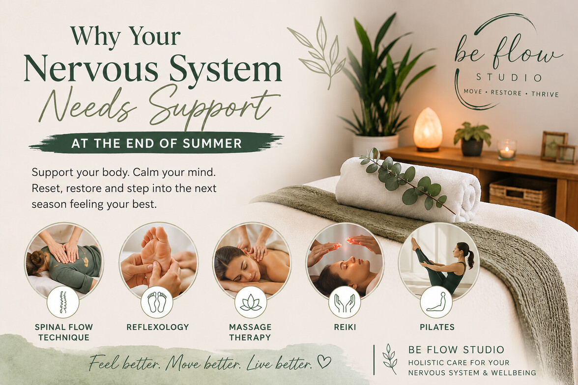 A calming treatment room with wellness imagery highlighting Spinal Flow Technique, Reflexology, Massage Therapy, Reiki, and Pilates at Be Flow Studio.